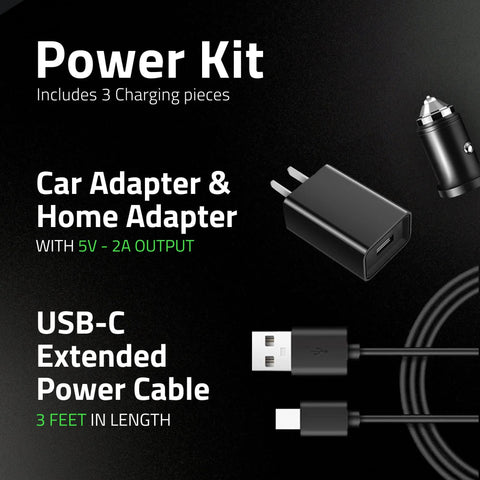 Cordless Tire Inflator With Power Kit Bundle showing car adapter, home adapter, and USB-C cable for on the road charging