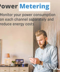 Person using 2 Channel WiFi Smart Relay Switch With Power Metering For Home Automation And Energy Monitoring app indoors