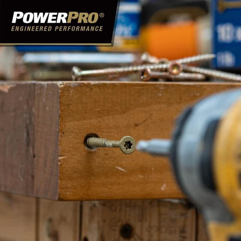 Drill installing Power Pro Premium Exterior Wood Screw, #10 x 4 Inch Deck Screw in wood, T-25 Star Bit Included, Bronze, 900 Pieces | 967782