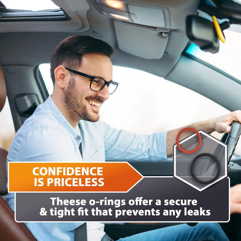 Man driving car with Two Piece Power Steering Pump Rubber Inlet And Outlet O Ring Seals Kit graphic emphasizing leak prevention.