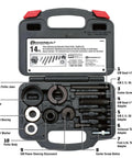 Power Steering and Alternator Pulley Remove and Install Tool Set with labeled parts in storage case - 648605