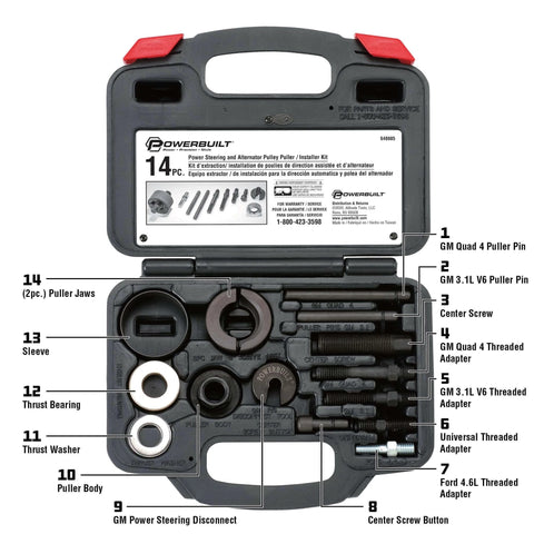 Power Steering and Alternator Pulley Remove and Install Tool Set with labeled parts in storage case - 648605
