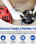 Hands using Power Steering Pulley Puller And Installer Kit 12 Piece All In One Universal Tool Set For Removing And Installing Pulleys On Most Engines Water Pump And Alternator Pulleys With Reversible Jaws For Easy Access with tool set in red case in background.