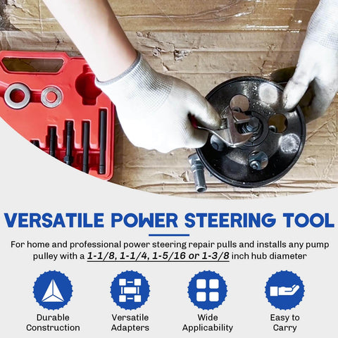 Hands using Power Steering Pulley Puller And Installer Kit 12 Piece All In One Universal Tool Set For Removing And Installing Pulleys On Most Engines Water Pump And Alternator Pulleys With Reversible Jaws For Easy Access with tool set in red case in background.