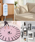 Collage of home decor: power strip on table, sofa with pillows, child on pink rug, and wall with framed photos.