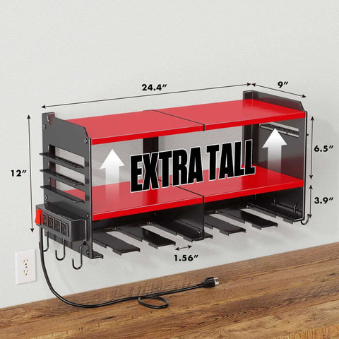 Power Tool Organizer Wall Mount With Four Outlet Power Strip And Five Foot Heavy Duty Power Cord, metal rack for garage, dimensions labeled