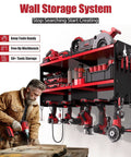 Power Tool Organizer Wall Mount With Four Outlet Power Strip And Five Foot Heavy Duty Power Cord displaying tools, drills, and storage