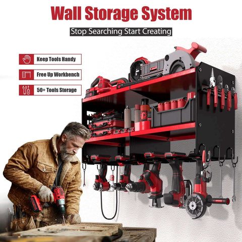 Power Tool Organizer Wall Mount With Four Outlet Power Strip And Five Foot Heavy Duty Power Cord displaying tools, drills, and storage