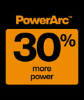 PowerArc technology logo showing 30% more power, associated with PowerArc Heavy Duty Shop Shears With Curved Serrated Blades And Extended Tang 10 Inch Industrial Grade Stainless Steel Scissors For Construction And Building Projects Orange And Black.