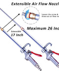 High Volume Powerful Industrial Air Blow Gun, 17-26 Inch Extensible Stainless Steel Air Flow Nozzle with red trigger and swivel hook.