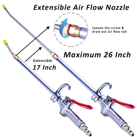 High Volume Powerful Industrial Air Blow Gun, 17-26 Inch Extensible Stainless Steel Air Flow Nozzle with red trigger and swivel hook.