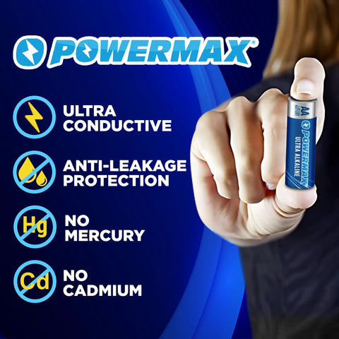 Hand holding a single Powermax AA battery with features like ultra conductivity and anti-leakage, focus keyword: 24 Count AA Batteries Alkaline Long Lasting Power Reclosable Packaging.