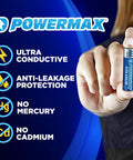 Hand holding a Powermax AAA battery with text about ultra conductivity, anti-leakage, no mercury, and no cadmium; 24 Pack AAA Alkaline Batteries Ultra Long Lasting For Home And Office Use.