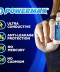 Hand holding AA alkaline battery with Powermax branding, promoting ultra conductivity, anti-leakage, no mercury, and no cadmium features.