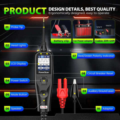 PowerScan PS100 Power Circuit Probe Tester with LCD display, head lights, probe tip, 40 ft cable, and accessories visible