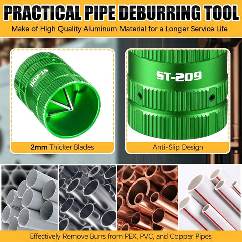 Practical pipe deburring tool with 2mm thicker blades, anti-slip design, ideal for removing burrs from PEX, PVC, and copper pipes.