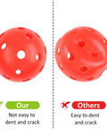Comparison of red practice golf balls, showing durable 42mm plastic golf ball with holes next to easily dented version, for backyard training.