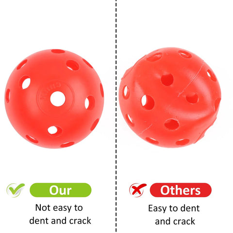 Comparison of red practice golf balls, showing durable 42mm plastic golf ball with holes next to easily dented version, for backyard training.