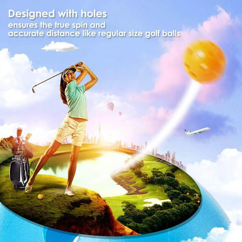 Illustration of a golfer swinging with Practice Golf Training Balls Limited Flight 40mm Hollow Plastic Colored Airflow Golf Balls