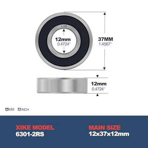 6301 2RS Pre-Lubricated Deep Groove Ball Bearing with double rubber seals, dimensions 12x37x12mm, shown front and side view