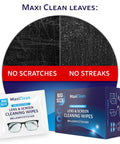 Pre-Moistened Glasses Wipes For Eyewear And Screens Ammonia Free 400 Count, showing individual wipe and packaging, highlighting no scratches or streaks.