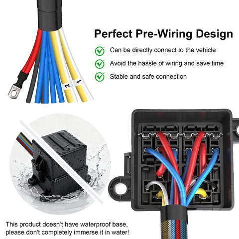 Close-up of 12V Pre Wired Fuse Relay Box with Two 4 Pin 80A Relays and Six ATC ATO Blade Fuses for automotive use.