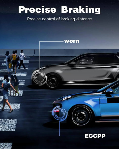 Illustration of precise braking with two cars on a road, highlighting worn and ECCPP braking systems in contrasting colors.