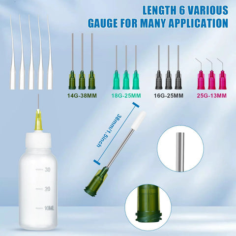 30ml Glue Precision Tip Applicator Bottle With Needle Tip Squeeze Bottle And Interchangeable Pro Grade 14ga 16ga 18ga 20ga 25ga Blunt Needles Oiler And Storage Caps For Precise Adhesive Dispensing By Ehoycq with various needle gauges displayed.