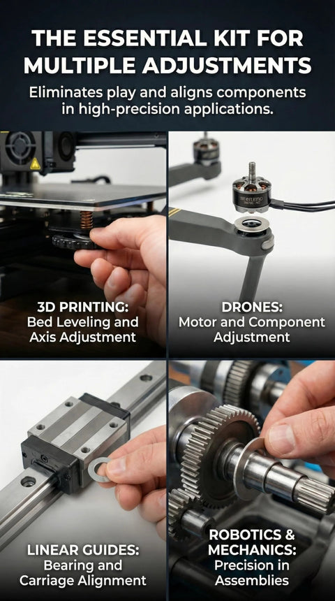 Collage showing the use of Stainless Steel Shim Washers 15x21 Precision Spacer Kit For Bearings Gearboxes in various applications.