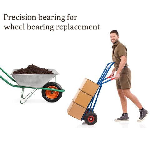 Man using hand truck with boxes next to wheelbarrow for precision bearing for wheel bearing replacement