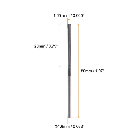 Precision Carbide Chucking Reamer 0.065 Inch Straight Flute With Straight Shank For Metal Lathe And CNC Machining Centers Uncoated Black Tool 20mm Cutting Length 50mm Overall Length 1.6mm Shank HARFINGTON shown with measurements