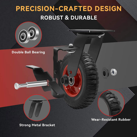 Close-up of 8 inch Heavy Duty Rubber Caster wheels set of 4, showcasing double ball bearing and strong metal bracket.