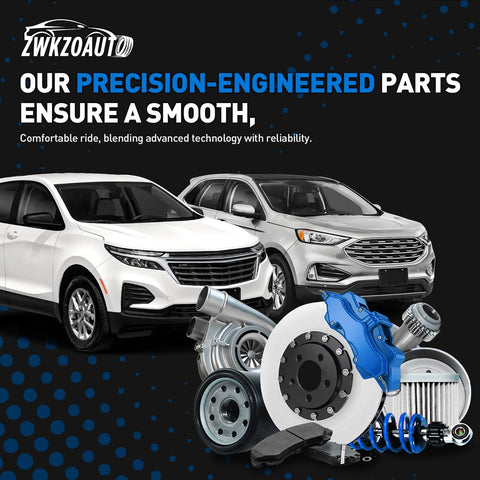 White and silver SUVs with ZWKZOAUTO logo and various auto parts indicating precision-engineered vehicle components.