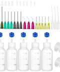 30ml Glue Precision Tip Applicator Bottle With Needle Tip Squeeze Bottle and Interchangeable Pro Grade 14ga 16ga 18ga 20ga 25ga Blunt Needles Oiler and Storage Caps For Precise Adhesive Dispensing By Ehoycq, showing bottles, needle tips, and caps.