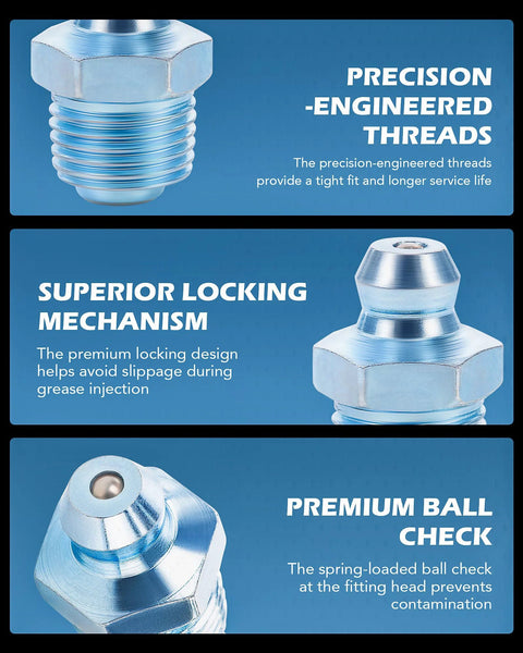 All In One 230 Piece SAE And Metric Grease Fittings Kit With Galvanized Steel Zerks highlighting precision threads and locking mechanism.