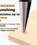 Close-up of manual hole punch drilling into wood, highlighting precision up to 0.1mm, Multipurpose Manual Hole Punch With Adjustable 0 To 14mm Range Reamer Steel Body Hand Drill For Woodworking Metalworking And DIY Projects Tool Box Essential For Model Making Like Gundam Aircraft Car Shells Black Red.