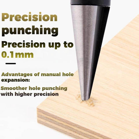 Close-up of manual hole punch drilling into wood, highlighting precision up to 0.1mm, Multipurpose Manual Hole Punch With Adjustable 0 To 14mm Range Reamer Steel Body Hand Drill For Woodworking Metalworking And DIY Projects Tool Box Essential For Model Making Like Gundam Aircraft Car Shells Black Red.