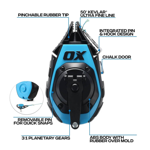 50ft Precision Chalk Line Tool Value Pack with Kevlar Ultra Fine Line, 3:1 Gear, blue ABS body, features labeled