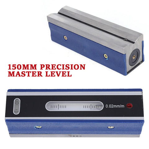Six Inch Master Precision Level For Machinist Tools In Durable Cast Iron Body With Wooden Case Portable Spirit Level For Machinery Setup Ultra High Accuracy 0.02 Built Tough For Pro Work, close-up view.