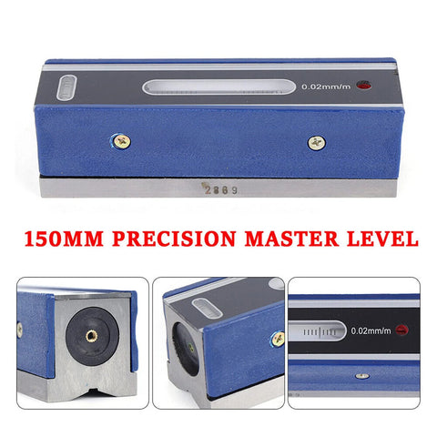 Blue and silver Six Inch Master Precision Level For Machinist Tools In Durable Cast Iron Body With Wooden Case Portable Spirit Level.