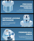 All In One 150 Piece Metric Grease Fittings Kit With M6 M10 Straight And 45 Degree And 90 Degree Angled Hydraulic Zerk Assortment In Galvanized Steel For Replacing Missing Or Broken Nipples In Automotive And Industrial Use ZELCAN precision engineered threads and locking mechanism