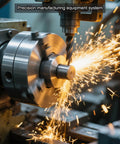 Close-up of a precision manufacturing equipment system with sparks flying from a metal drill in operation.