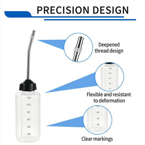 Precision design bottle showcasing precision needle oiler kit features like flexible stainless steel needle and clear volume markings.