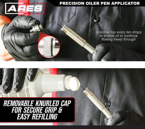 Gloved hand unscrewing and refilling Precision Oiler Pen Applicator For Tight Spaces, An Aluminum 15ml Reservoir Pen That Precisely Applies CLP Ballistol And Other Lubricants With A Leak Resistant Screw Cap, Replaceable O Rings, And A Handy Pocket Clip For On The Go Use.