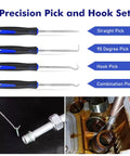 Precision pick and hook set with straight pick, 90 degree pick, hook pick, and combination pick, blue handles visible.