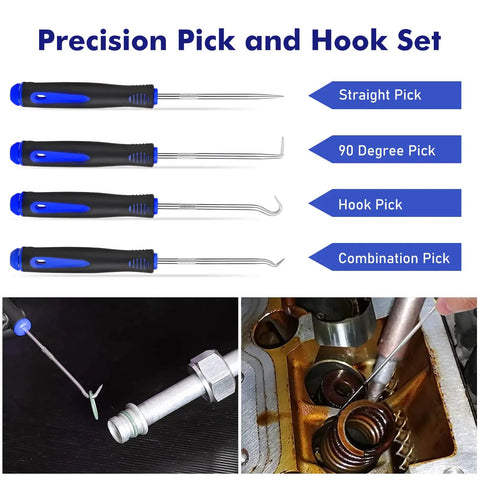 Precision pick and hook set with straight pick, 90 degree pick, hook pick, and combination pick, blue handles visible.