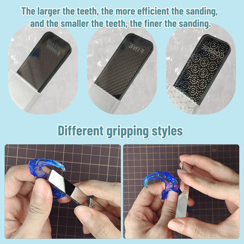 Three piece precision glass polishing file set delivers smooth, scratch-free finishes on tiny model parts with different grits.