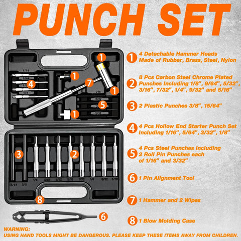 Pin Punch Set With Hammer And Roll Pin Tools in chrome vanadium steel shown in carry case with various tool sizes labeled.
