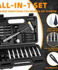 Pin Punch Set With Hammer And Roll Pin Tools in Chrome Vanadium Steel, shown in a black organizer box with various tool heads.
