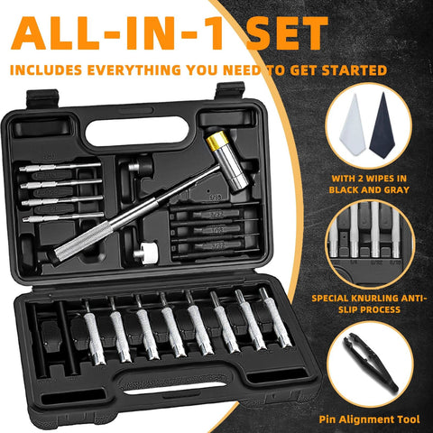 Pin Punch Set With Hammer And Roll Pin Tools in Chrome Vanadium Steel, shown in a black organizer box with various tool heads.